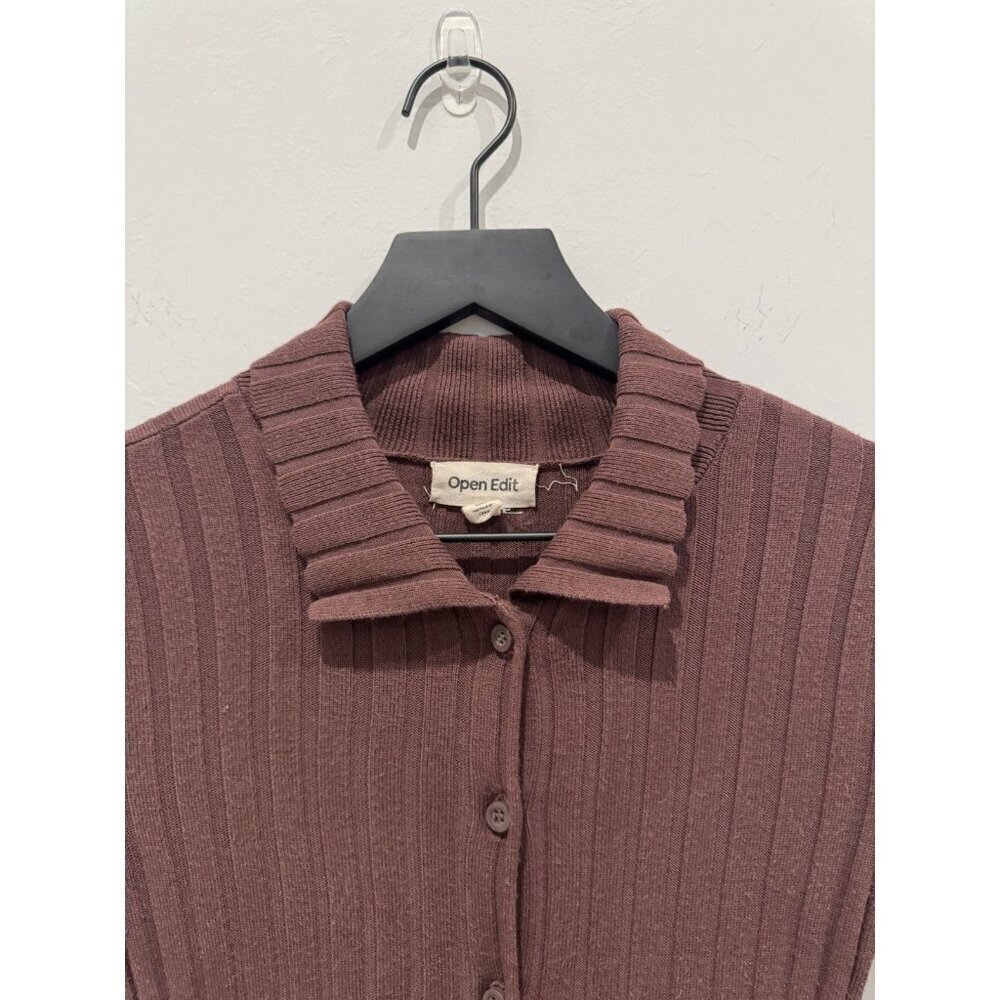 Open Edit Ribbed Button-Up Cardigan Chocolate Brown Size XXS - Picture 3 of 10